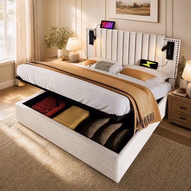 Letto contenitore Mivray beige con testiera regolabile, luce da lettura integrata, porta USB e rete a doghe arcuate, L/P/H: 140 x 200 x 109 cm