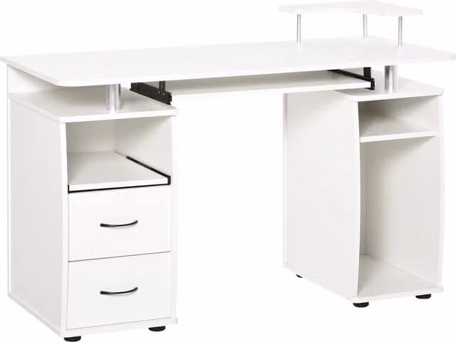 Scrivania per PC HOMCOM con ripiano per tastiera e monitor e 2 cassetti, Bianca, L 120 cm x P 55 cm x H 85 cm