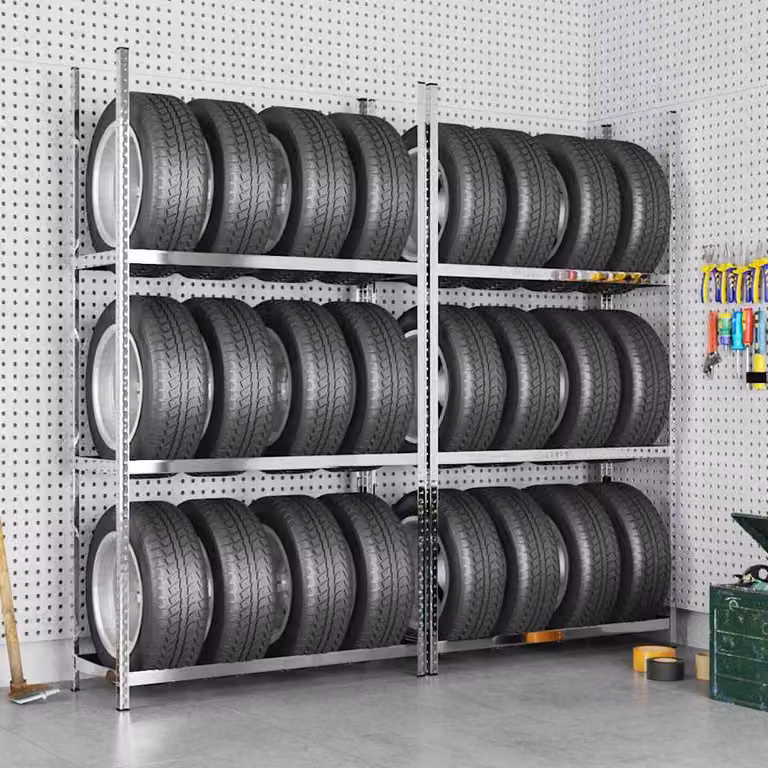 Set di 2 Portapneumatici vidaXL a 3 Strati in Acciaio Argento L/P/H: 110 x 40 x 200 cm