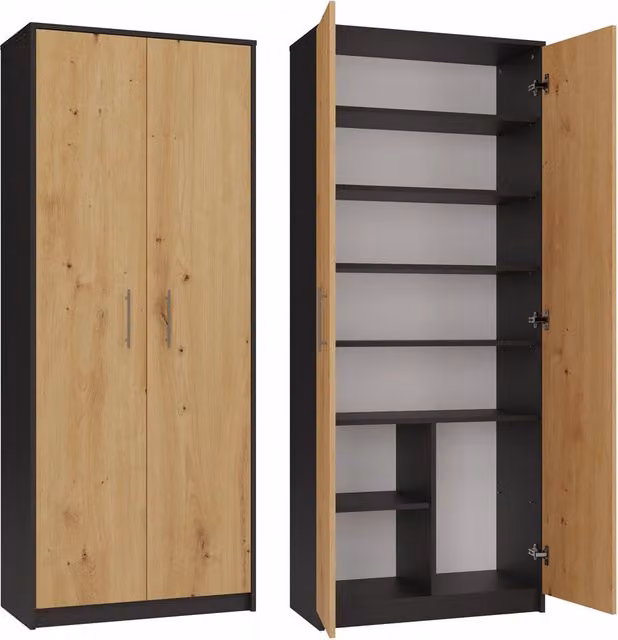 Libreria moderna OLIV con ante a battente in finitura antracite opaca e dettagli in rovere, H 180 x L 74 x P 35 cm