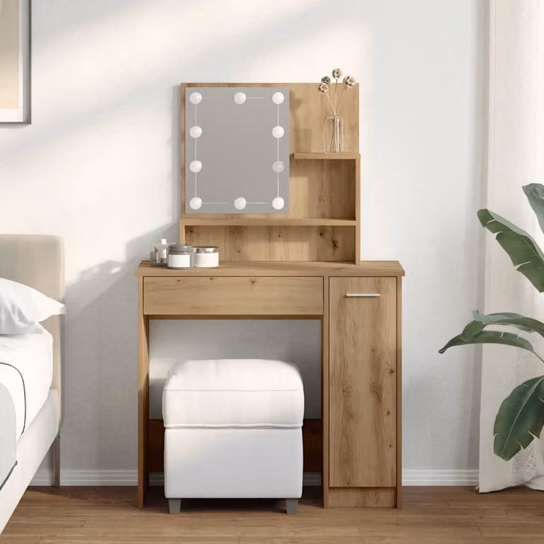 vidaXL Toeletta con LED in Rovere Artigianale, Colore Marrone, L: 86,5 cm, P: 35 cm, H: 136 cm