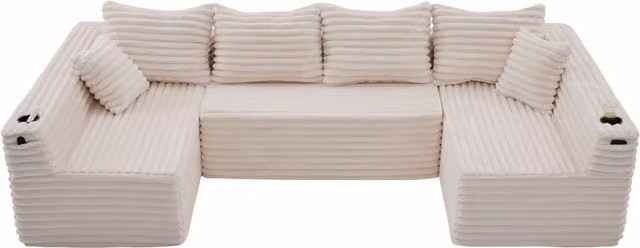 Divano a U moderno in velluto a coste beige Aosom Italy con cuscini decorativi e portabicchieri