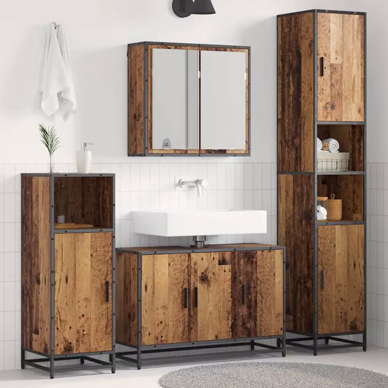 Set di mobili per il bagno moderno vidaXL in 3 pezzi color marrone con armadietto specchio, mobile lavabo e mobiletto laterale in legno e metallo
