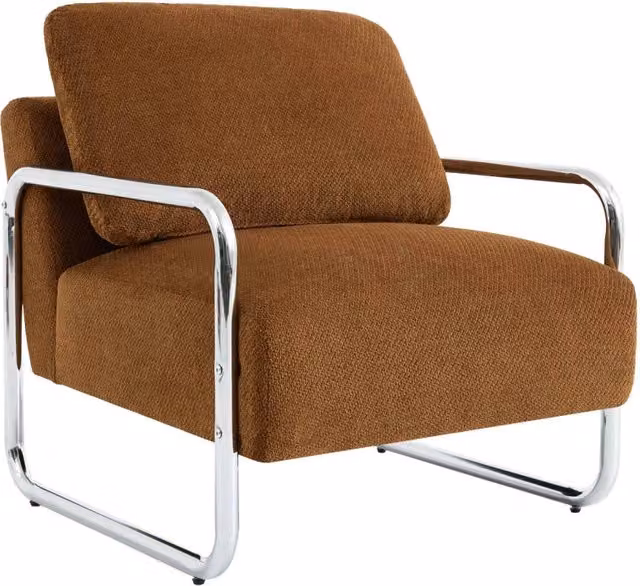 Poltrona vintage SWEEEK in tessuto chenille con struttura in metallo cromato, colore arancione e marrone