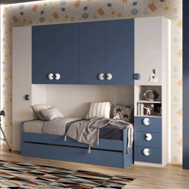 Cameretta a ponte Gilbert Veriaffari con 2 letti e armadio, bianco opaco e blu, L: 293 cm, P: 55 cm, H: 240,5 cm