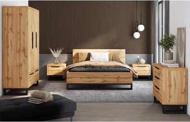 Set camera da letto stile industriale Meublorama collezione MILOS in rovere e nero con armadio a 3 porte, letto 140x200 cm, cassettiera e comodini