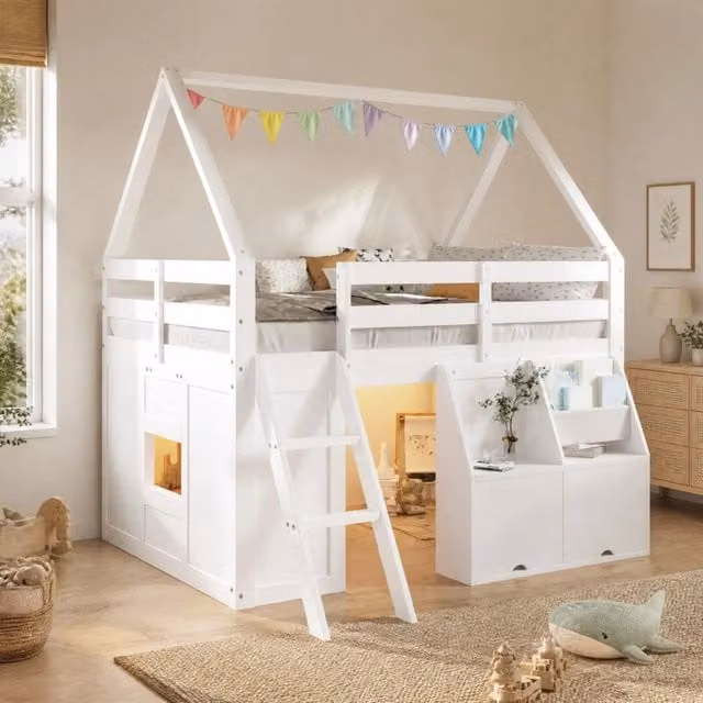 Letto a soppalco per bambini in legno e MDF bianco con struttura a casetta, illuminazione sottostante e scomparti laterali L/P/H: 200 x 140 x 194,5 cm