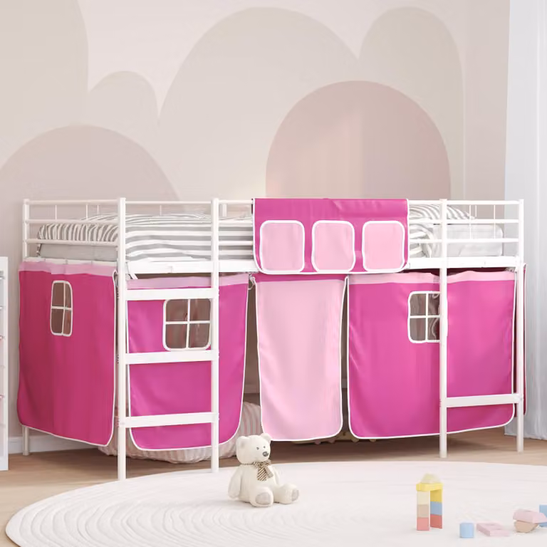 vidaXL Letto a castello per bambini con struttura in metallo e tende in tessuto, Bianco e Rosa, L/P/H: 200 x 105 x 196 cm