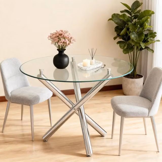 Tavolo rotondo moderno WISHDOR in vetro temperato trasparente con gambe in metallo silver, ideale per 2-4 persone