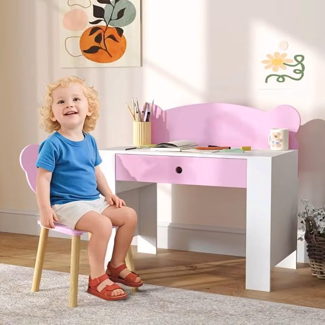 Set da 2 pezzi REDOM composto da scrivania e sedia in legno rosa per cameretta dei bambini, L/P/H: 80 x 41 x 74,5 cm