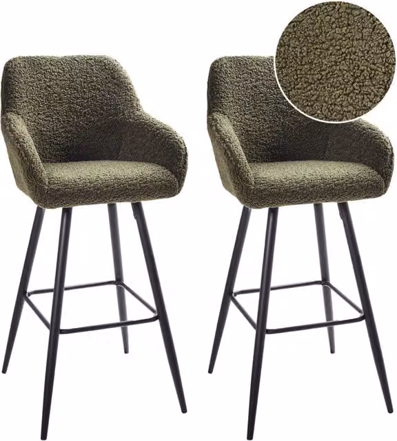 Set di 2 sgabelli da bar BELIANI in tessuto bouclé verde scuro con seduta imbottita e gambe in metallo stile moderno per soggiorno e cucina