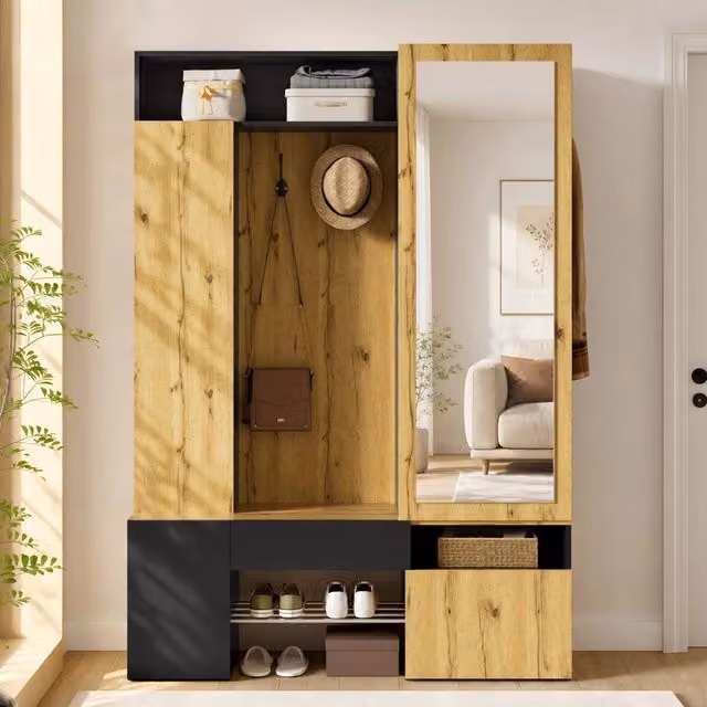 Guardaroba Mivray con specchio intero, scarpiera e appendiabiti in MDF nero e naturale, L/P/H: 127 x 35 x 180.5 cm
