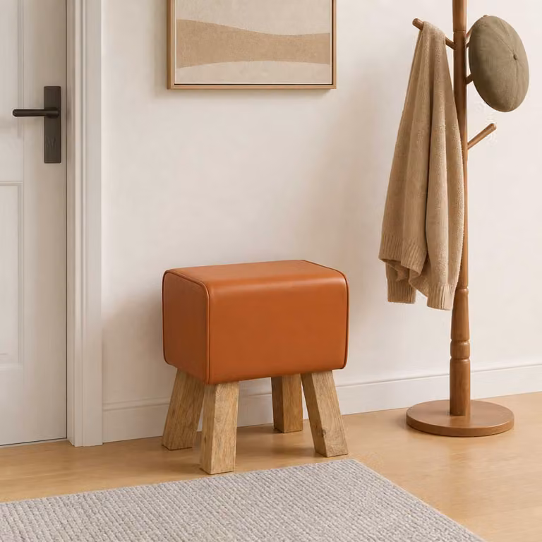 Panchina moderna vidaXL in pelle marrone e legno mango L/P/H: 40 x 30 x 45 cm