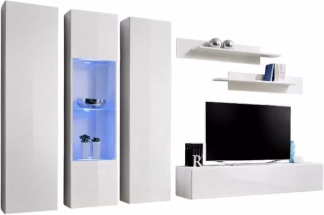 Composizione murale FLY C4 Meublorama per soggiorno, mobile TV sospeso con vetrine LED e colonne, Bianco lucido, L: 310 cm, H: 170 cm, P: 40 cm