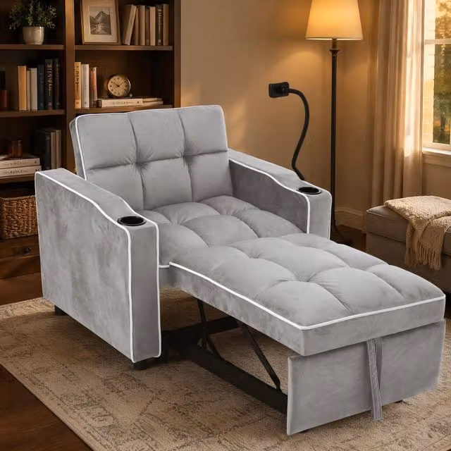 Poltrona letto estraibile 3 in 1 MIVRAY in velluto grigio con schienale regolabile e portabicchieri