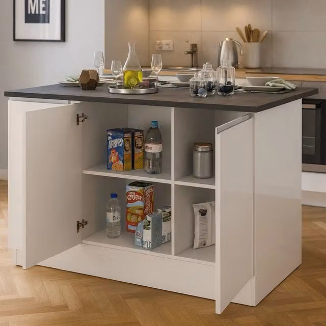Isola da cucina Tartaro DMORA con 3 ante e ripiani interni, Bianco lucido e Ardesia, L: 155 cm, P: 90 cm, H: 90 cm