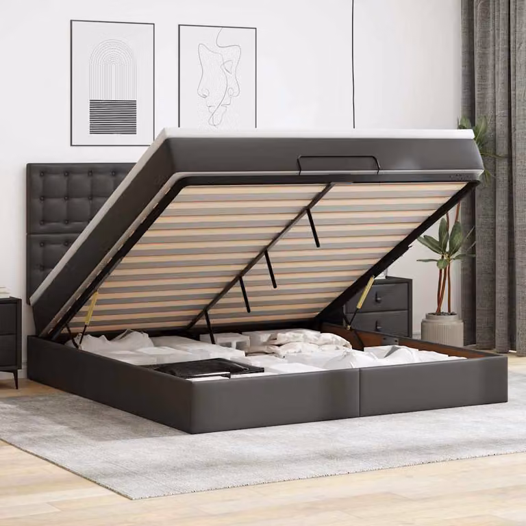 Letto con contenitore e materasso vidaXL in similpelle nera, con base a sollevamento, illuminazione sottostante e porta di ricarica USB, L/P/H: 200 x 160 x 128 cm