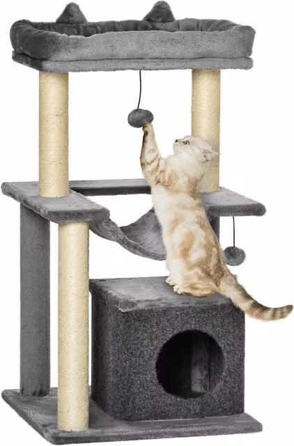 Albero tiragraffi per gatti PawHut con amaca, casetta e corde in sisal, rivestimento in peluche, Grigio, Altezza: 100 cm