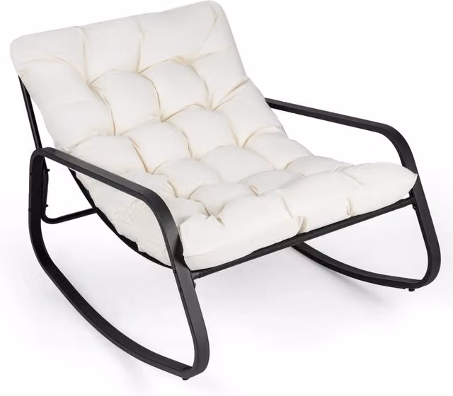 Sedia a dondolo relax imbottita con cuscino spesso e base antiscivolo in tessuto beige e struttura in metallo, portata massima 205 kg