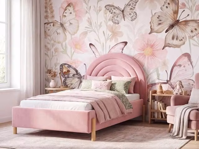 Letto Singolo con Contenitore BELIANI in Tessuto Bouclé Rosa con Testiera a Mezza Luna Design Retro L/P/H: 90 x 200 x 110 cm