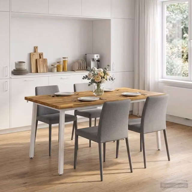 Tavolo da pranzo moderno vidaXL in legno di acacia con bordo vivo e base in metallo, Bianco, L: 80 cm, P: 70 cm, H: 75 cm