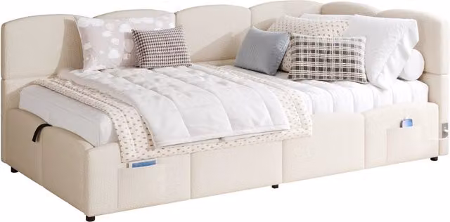 Letto contenitore modello divanetto in velluto beige con porte di ricarica USB-A e USB-C e tasche laterali, L/P: 90 x 200 cm