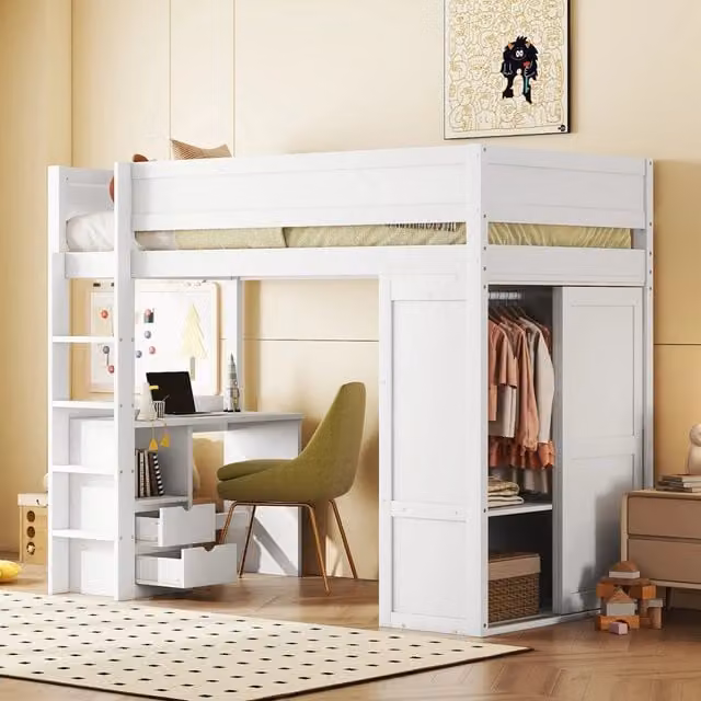 Letto a castello KOMHTOM in pino e MDF bianco con scrivania, armadio e cassetti, L/P/H: 200 x 90 x 165 cm