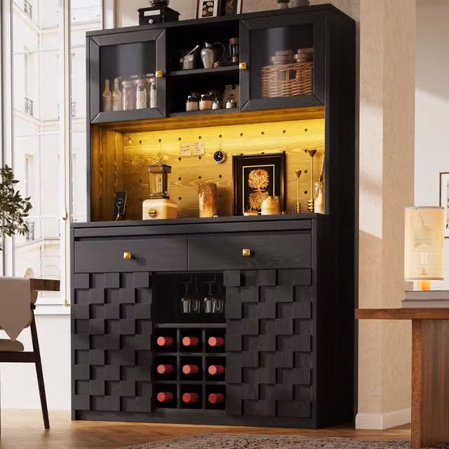 Mobile colonna da cucina Mivray nero con ripiani regolabili, illuminazione integrata e porta bottiglie, L/P/H: 120 x 40 x 178 cm