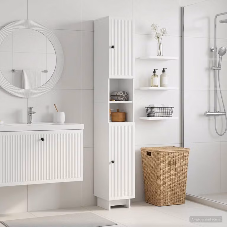 Armadio da Bagno Moderno vidaXL Bianco Lucido con Ripiano Aperto e Ante a Battente