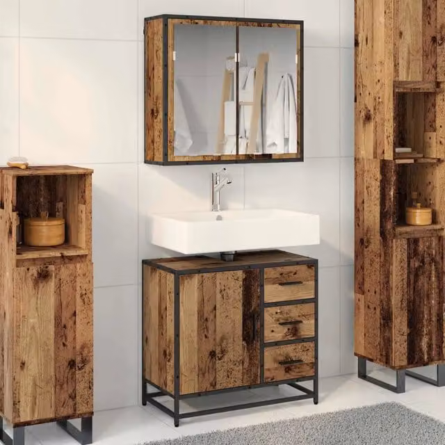 Set di mobili per il bagno moderno vidaXL composto da mobile lavabo e armadietto con specchio in legno e metallo marrone L/P/H: 65 x 33 x 60 cm