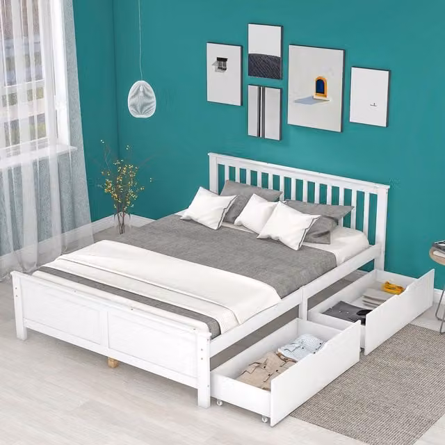 Letto in legno massiccio con cassetti Home Enjoy DE, Bianco, L/P: 140 x 200 cm