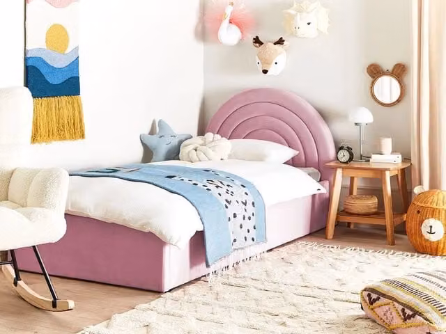 Letto Singolo con Contenitore BELIANI in Velluto Rosa con Testiera a Mezza Luna e Design Retro, L/P/H: 90 x 200 x 110 cm