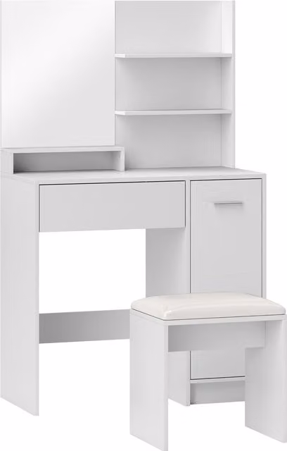 Toeletta da trucco HOMCOM con specchio, sgabello, cassetti e ripiani in legno, colore bianco