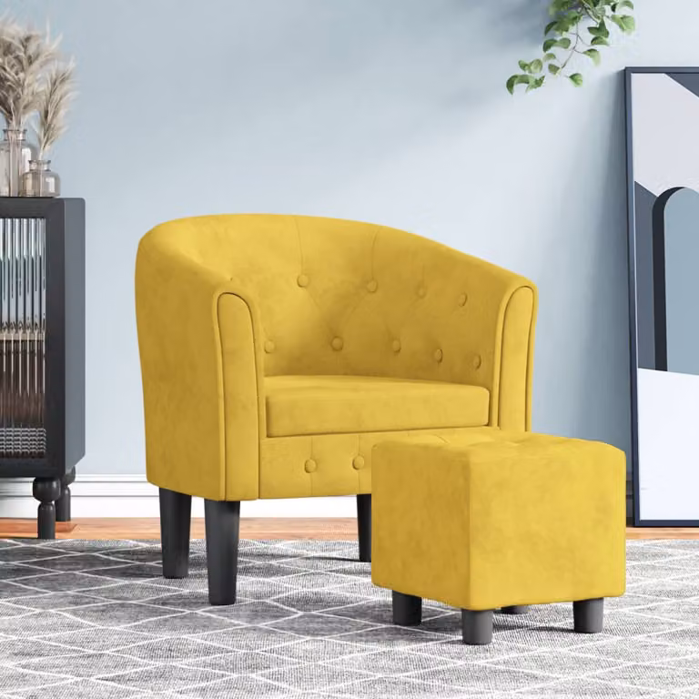 vidaXL Poltrona Cabriolet con Poggiapiedi in Velluto Giallo e Struttura in Legno e Plastica L/P/H: 70 x 68 x 56 cm