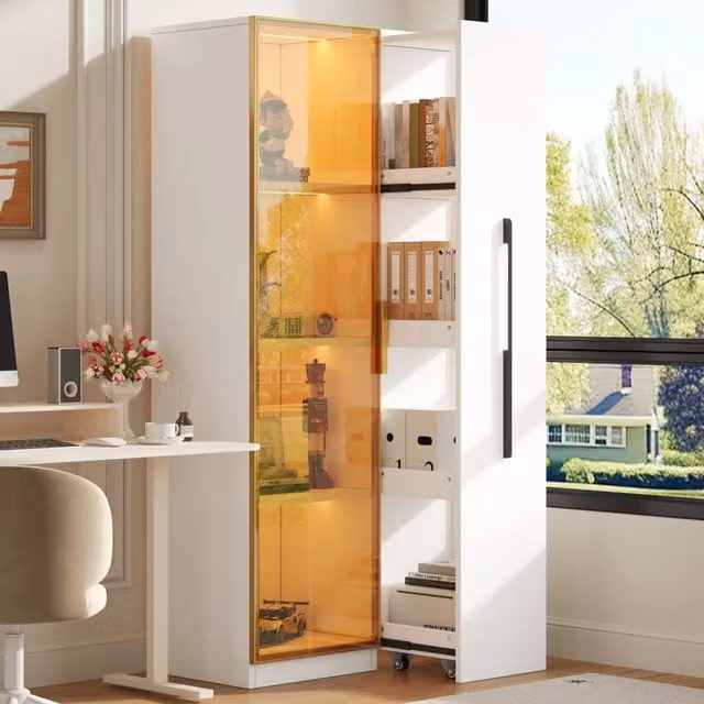 Vetrina Mivray moderna con ante in vetro e illuminazione LED, modulo laterale estraibile su ruote in MDF bianco e oro, L/P/H: 70 x 40 x 160 cm