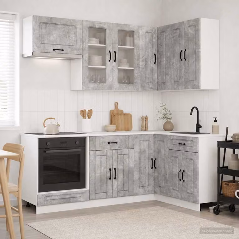 Unità cucina vidaXL KALMAR composta da 8 pezzi in stile minimalista, colore grigio cemento, con ante in vetro e ripiani interni in legno ingegnerizzato