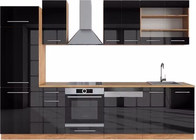 Cucina componibile Fame-Line Vicco in antracite lucido e rovere dorato, L: 300 cm