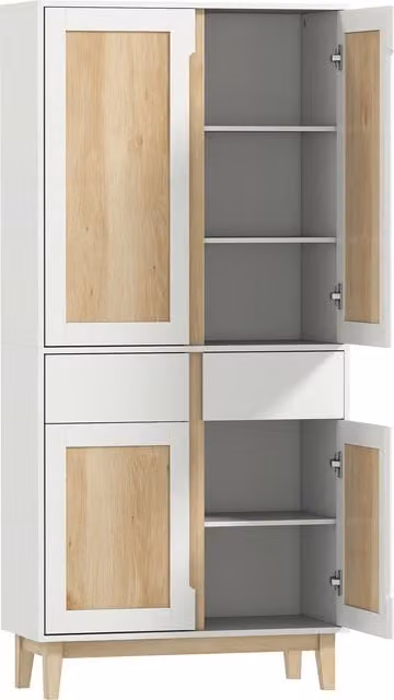 Credenza da cucina alta HOMCOM con 4 ante, 2 cassetti e mensole regolabili, Bianco e Quercia, L 80 cm x P 35 cm x H 170 cm