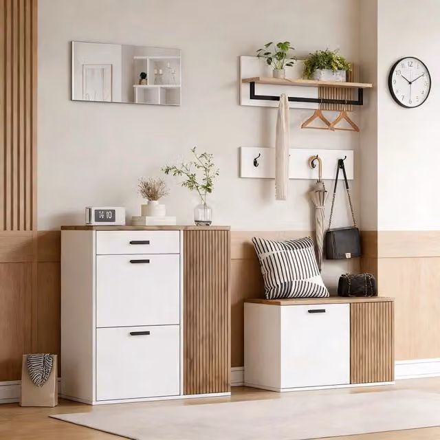 Set di mobili da ingresso MIVRAY moderno con scarpiera a ribalta, panca, specchio e appendiabiti in finitura bianco rovere opaco