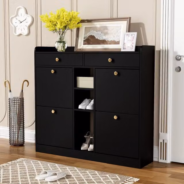 Scarpiera moderna per ingresso con 4 ante a ribalta, 2 cassetti interni e 3 vani aperti in MDF nero opaco, L: 110 cm, P: 26 cm, H: 100 cm