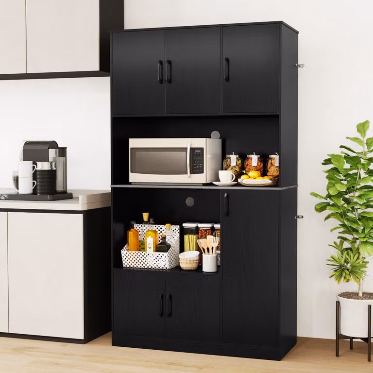 Costway Credenza autoportante in legno per cucina e sala da pranzo con supporto per microonde e armadio dispensa alto, Nero
