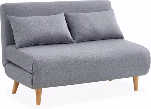 Divano letto Sweeek in tessuto grigio con gambe in legno e poggiatesta regolabile, 2 posti