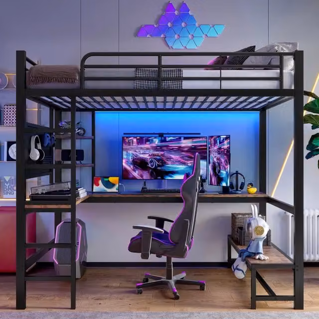 Letto a soppalco singolo nero con scrivania, illuminazione LED, porte USB e Type-C, ripiani e scaletta, L/P/H: 200 x 90 x 180 cm