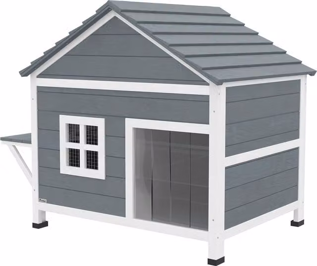 Casa per gatti in legno PawHut a 2 piani con tetto impermeabile apribile e piattaforma laterale, Grigio, L: 101 cm, P: 72,5 cm, H: 81 cm
