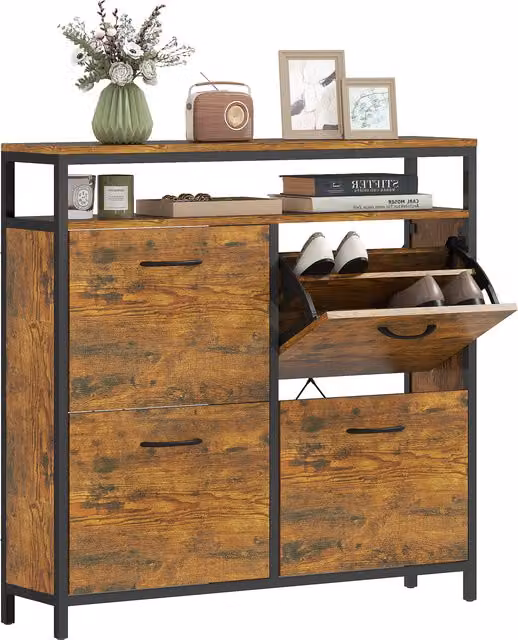 Scarpiera mobile HOMCOM marrone con 4 cassetti a ribalta e ripiano aperto, design stretto in stile industriale per 12-20 paia di scarpe