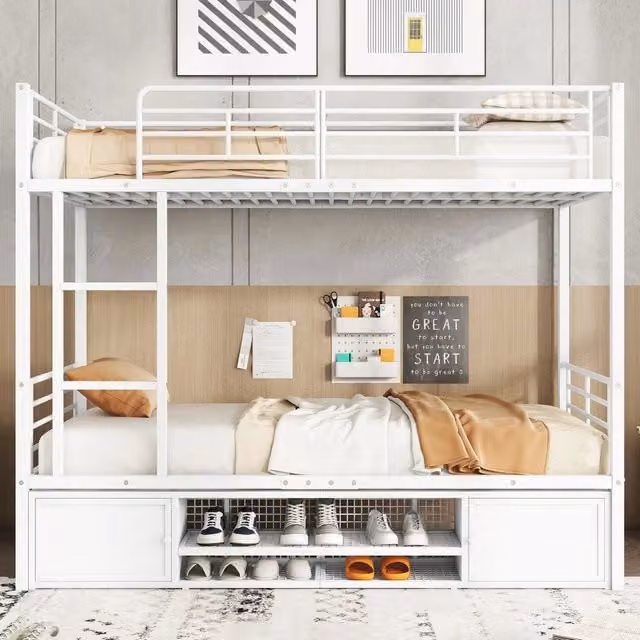Letto a castello Mivray per bambini in metallo bianco con scala e scomparti laterali L/P/H: 205 x 90 x 156,5 cm