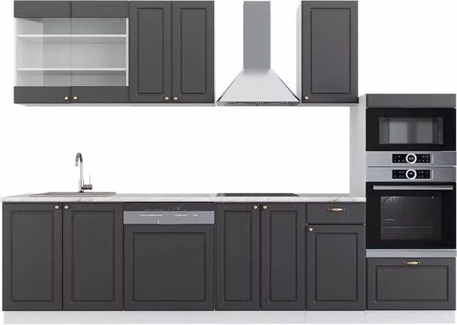 Cucina componibile moderna Fame-Line Vicco colore antracite, oro e bianco con armadio alto e piano in marmo, L: 300 cm