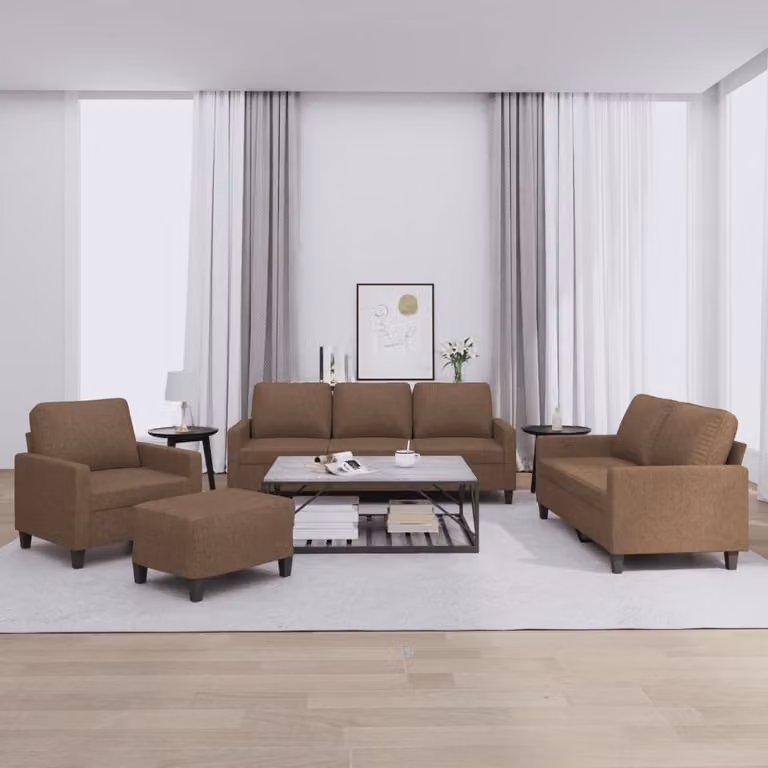 Set di divani moderno vidaXL composto da 4 pezzi in tessuto marrone con cuscini, include divano a 3 posti, divano a 2 posti e pouf