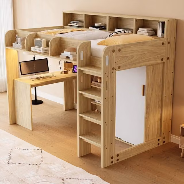 Letto a soppalco Mivray con scrivania, armadio, contenitori, illuminazione LED e porte USB, colore marrone, L/P/H: 200 x 90 x 205 cm