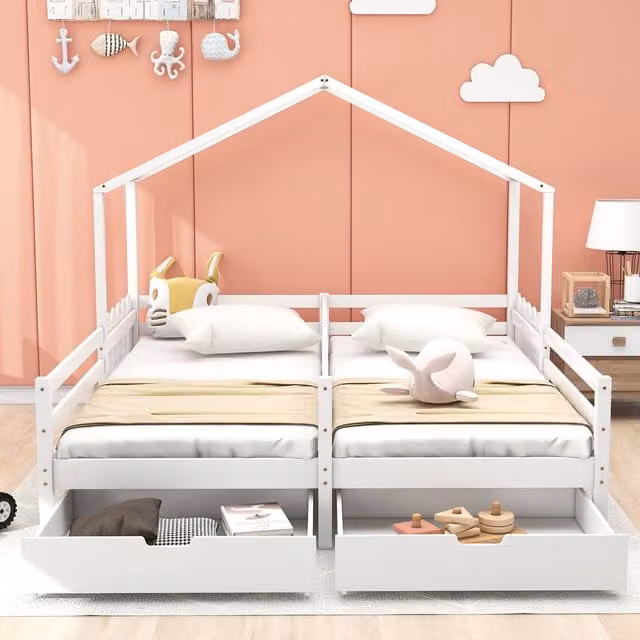 Letto a casetta per cameretta Aosom Italy in legno bianco con 2 cassetti su ruote e rete a doghe, L/P: 200 x 90 cm